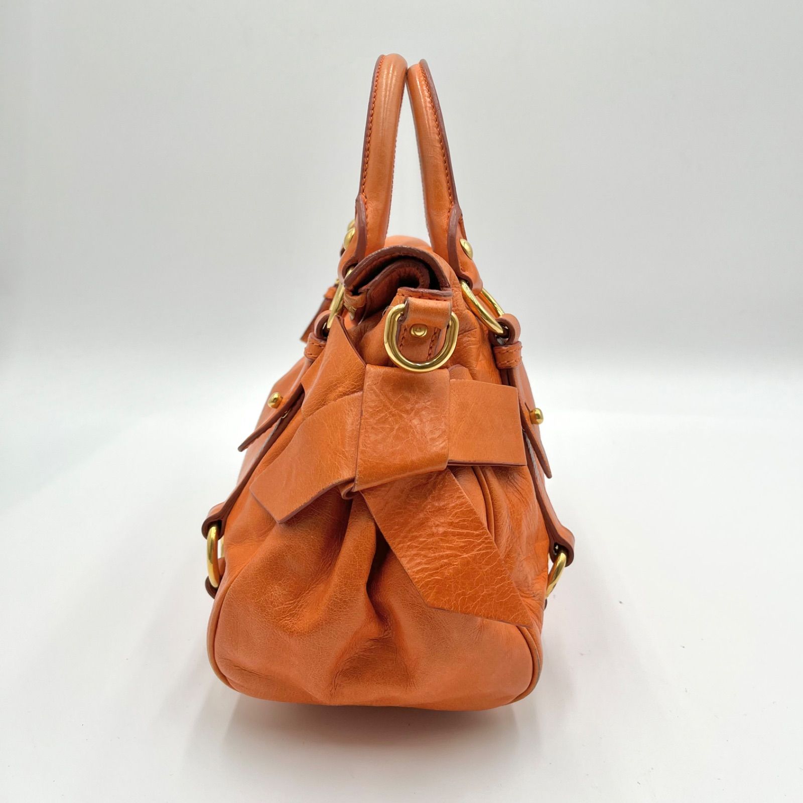 Auth Miu Miu Y2K Vitello Shine Side Ribbon 2Way Leather Shoulder