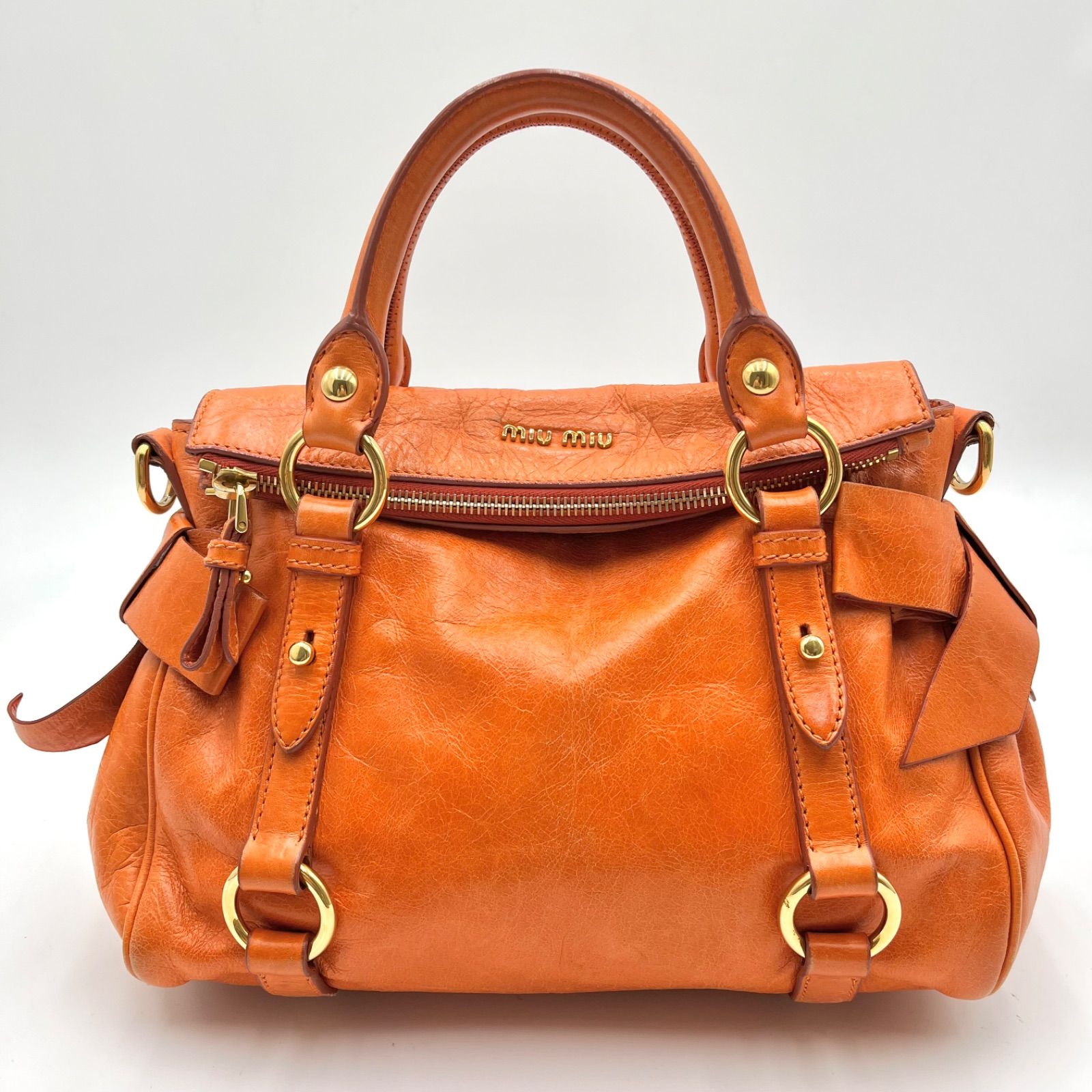 Auth Miu Miu Y2K Vitello Shine Side Ribbon 2Way Leather Shoulder