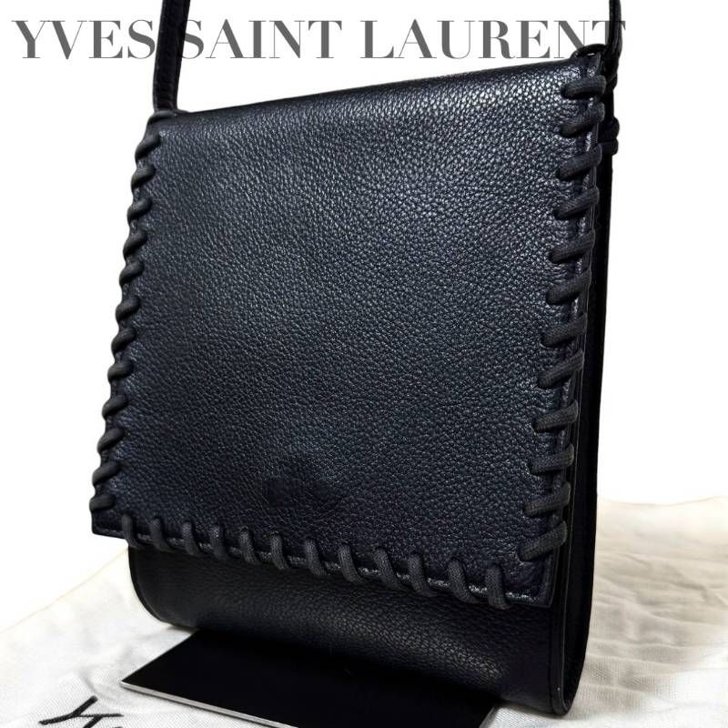 ☆★美品★Yves Saint Laurent　イヴサンローラン★ショルダーバッグ　ヴィンテージ　レースアップデザイン　斜め掛け　レザー　ブラック　ゴールド金具　保存袋♯2617