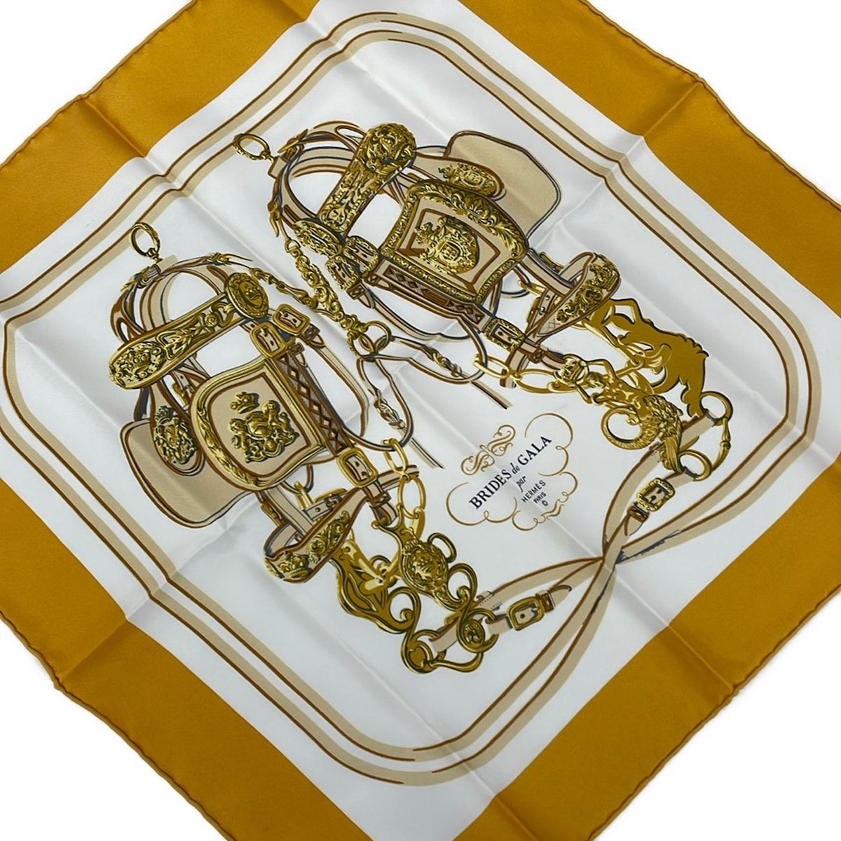 HERMES(エルメス) スカーフ プチカレ ダークイエロー×白×ゴールド BRIDES de GALA