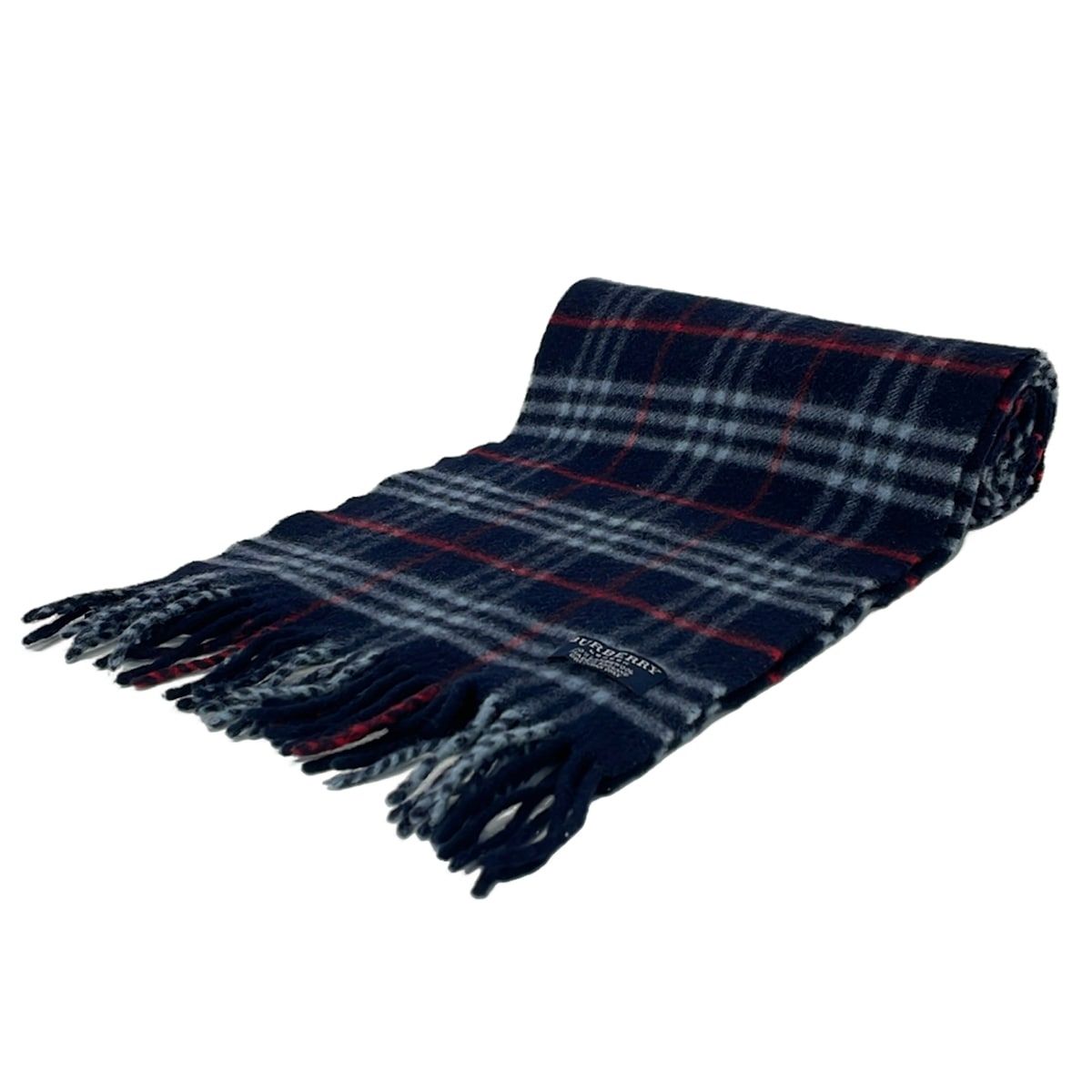 Burberry LONDON(バーバリーロンドン) マフラー美品 - ダークネイビー×ライトブルー×レッド チェック柄 ウール