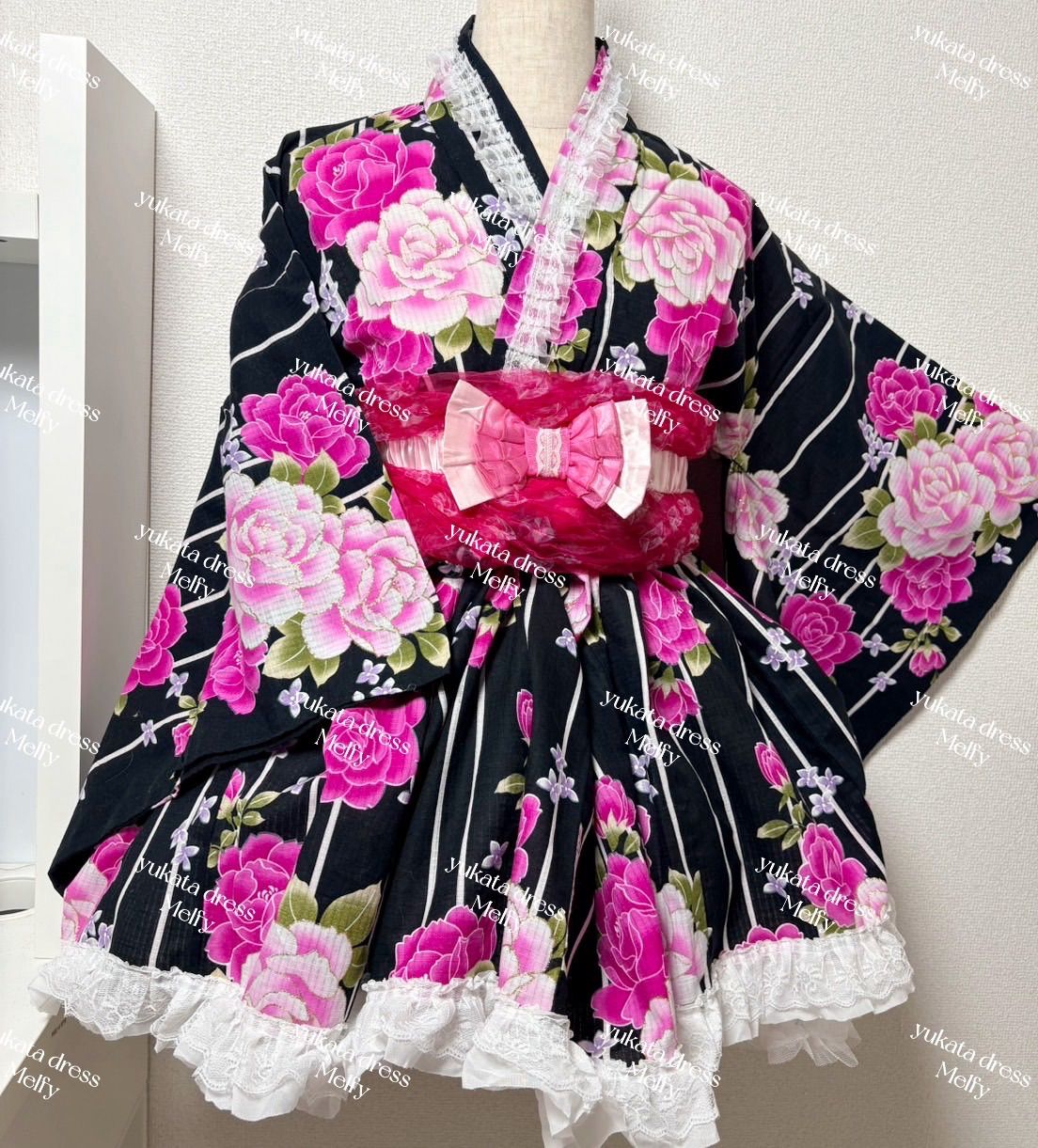 ? ふわあまロリータ♡ピンク黒浴衣ドレス?帯付き