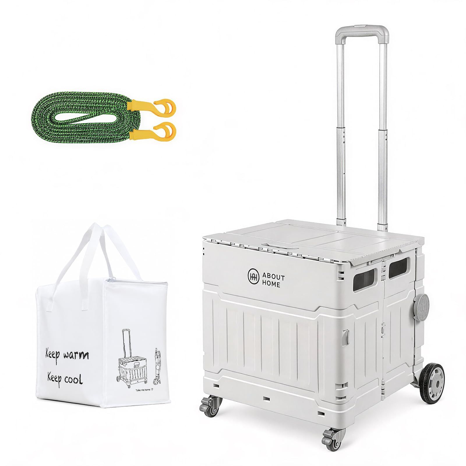 R◆ABOUTHOME キャリーカート 折り畳み 軽量 保冷バッグ付属 荷物固定ロープ付 ストッパー付き 蓋付き コンパクト ショッピングカート 買い物カート アウトドア ピクニック 耐荷重50KG (［70L］39＊43.5＊43.5（大車 46ced876