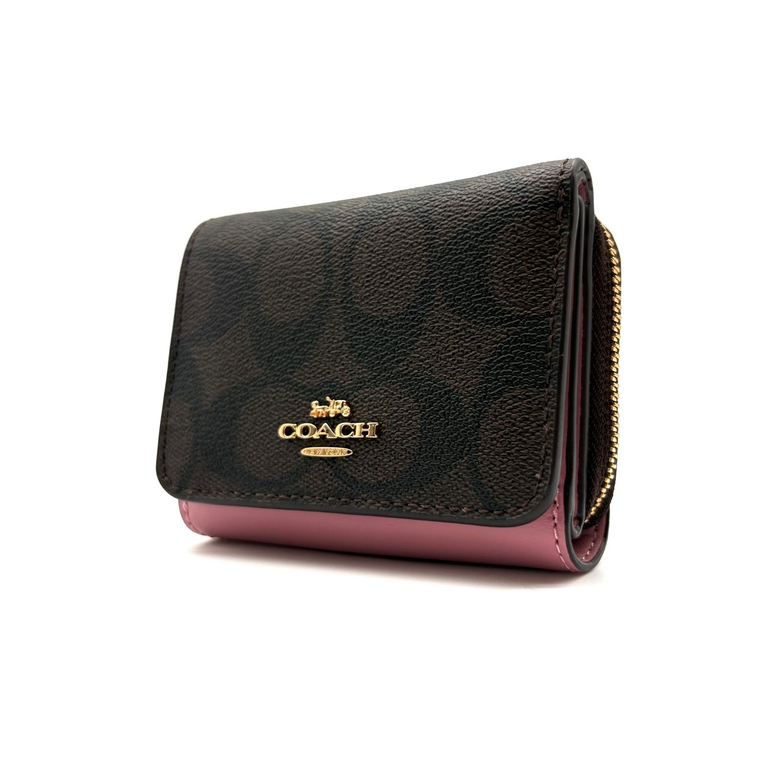 COACH Signature Canvas Trifold Wallet darkbrown Pink 7331 コーチ 三つ折財布 ダークブラウン