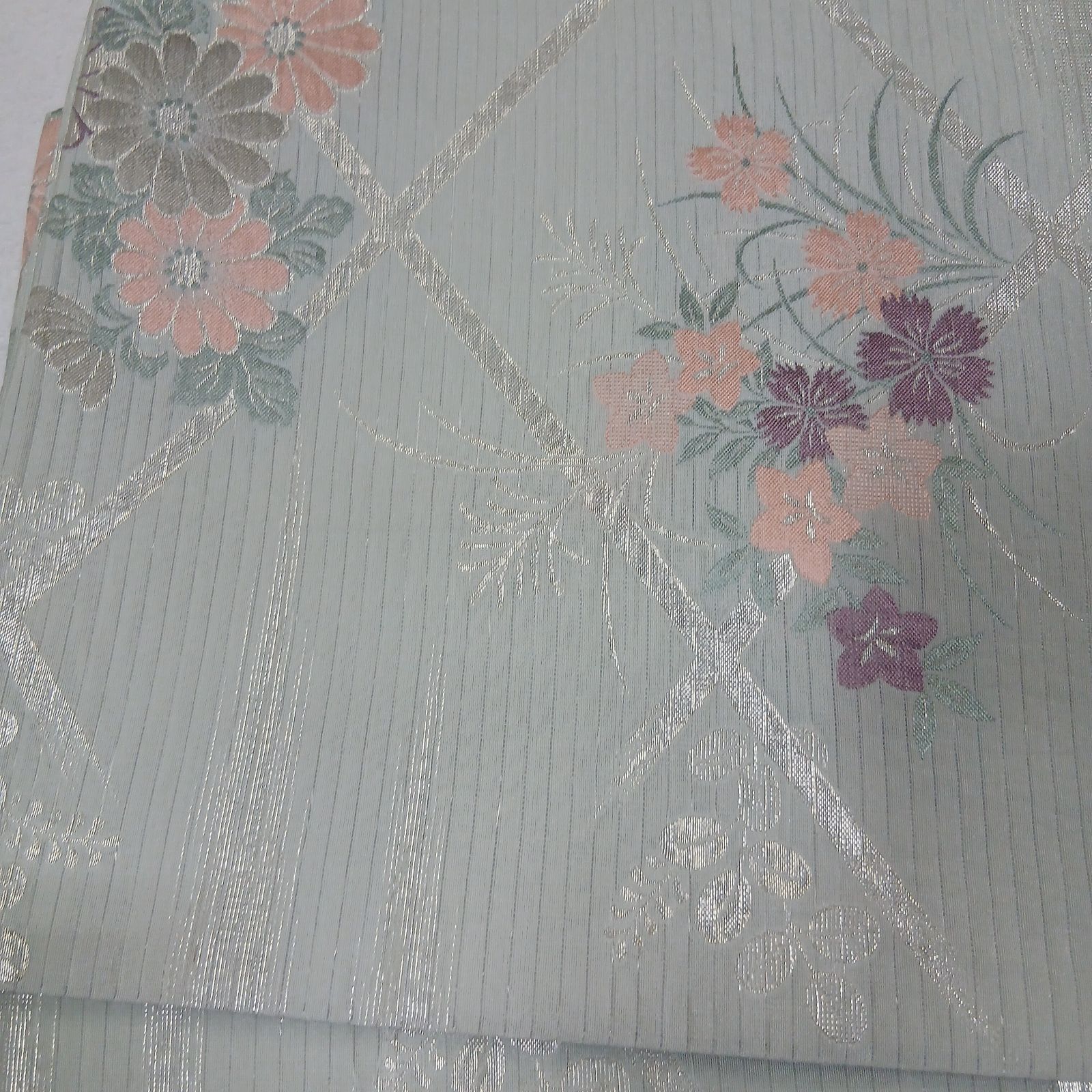112 帯 袋帯 夏帯 薄グリーン 花柄 菱文様 銀糸 パステルカラー 絽 