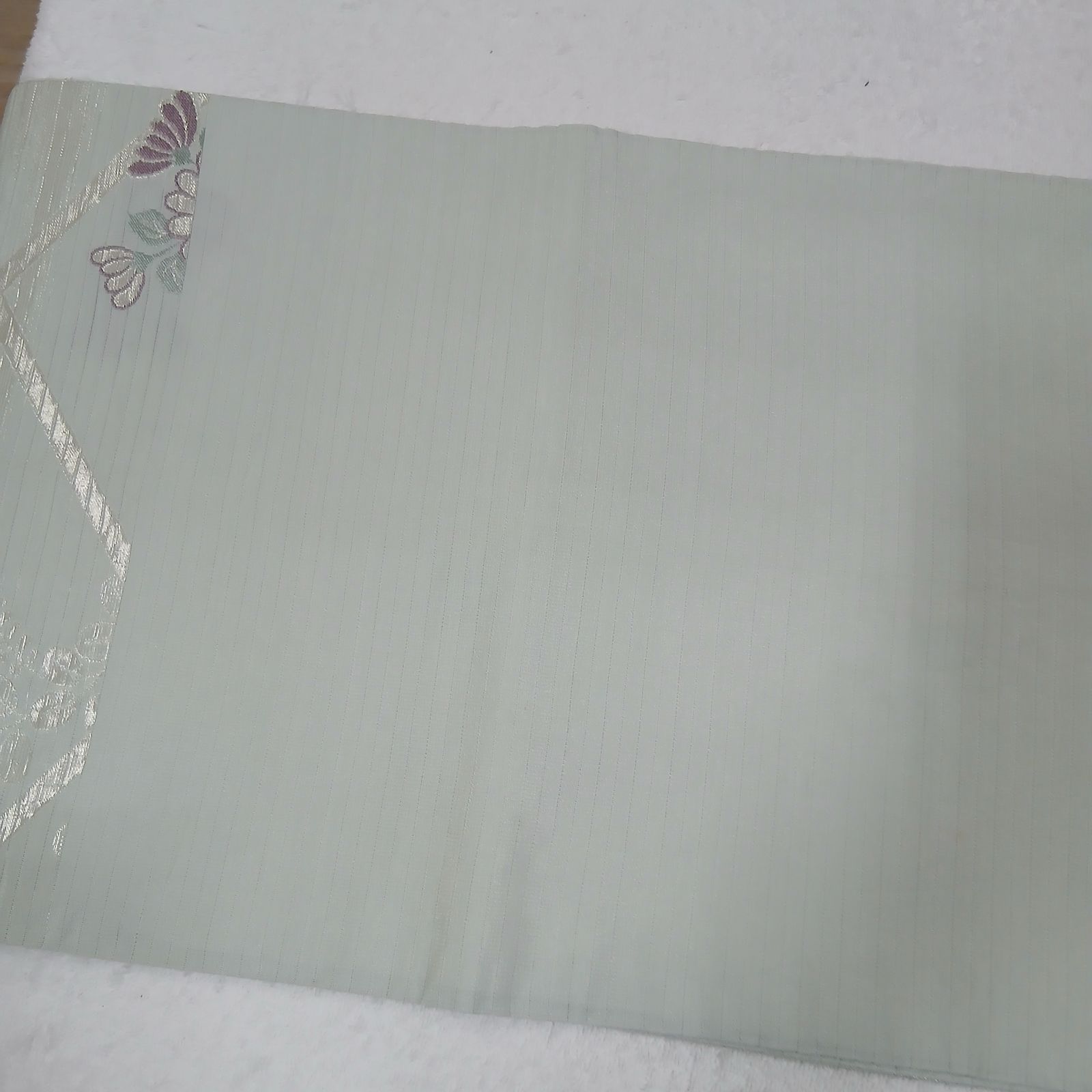 112 帯 袋帯 夏帯 薄グリーン 花柄 菱文様 銀糸 パステルカラー 絽 