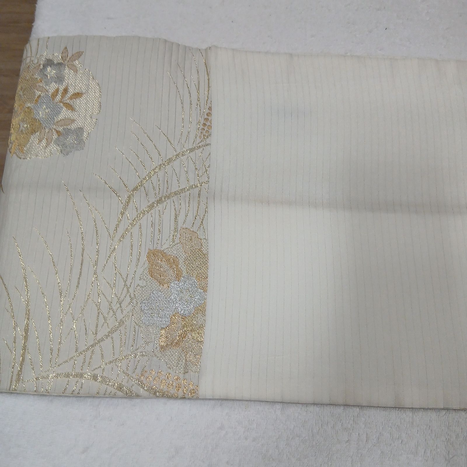 111 帯 袋帯 夏帯 アイボリー 秋草文様 花丸文 銀糸 金糸 絽