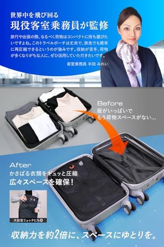 【現役客室乗務員監修・まっぷる掲載】トラベルポーチ 日本企業企画 圧縮ポーチ メンズポーチ 旅行用圧縮袋 スタッフバッグ 出張 吸引機 衣類収納 吊り下げ 1袋 電動ポンプ付きas c0e29166