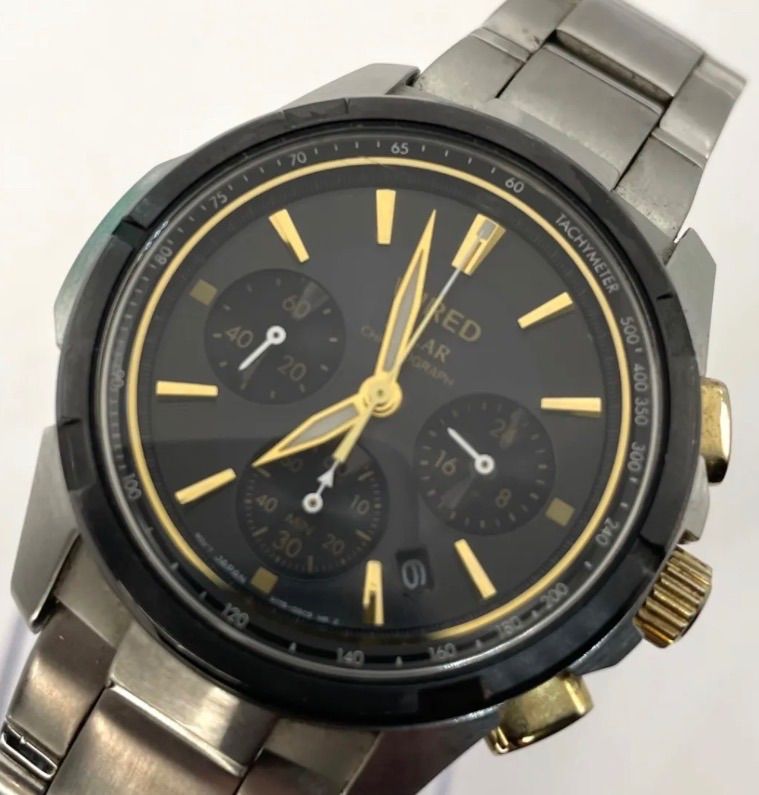 Good Condition Working Normal Wired Solar Chronograph V175 0AB1 Long Arm Circumference Black Dial Black Day Date Calendar Metal Band Genuine Breath Mens Watch SEIKO WIRED Solar Watch Sporty Business Casual Tachymeter