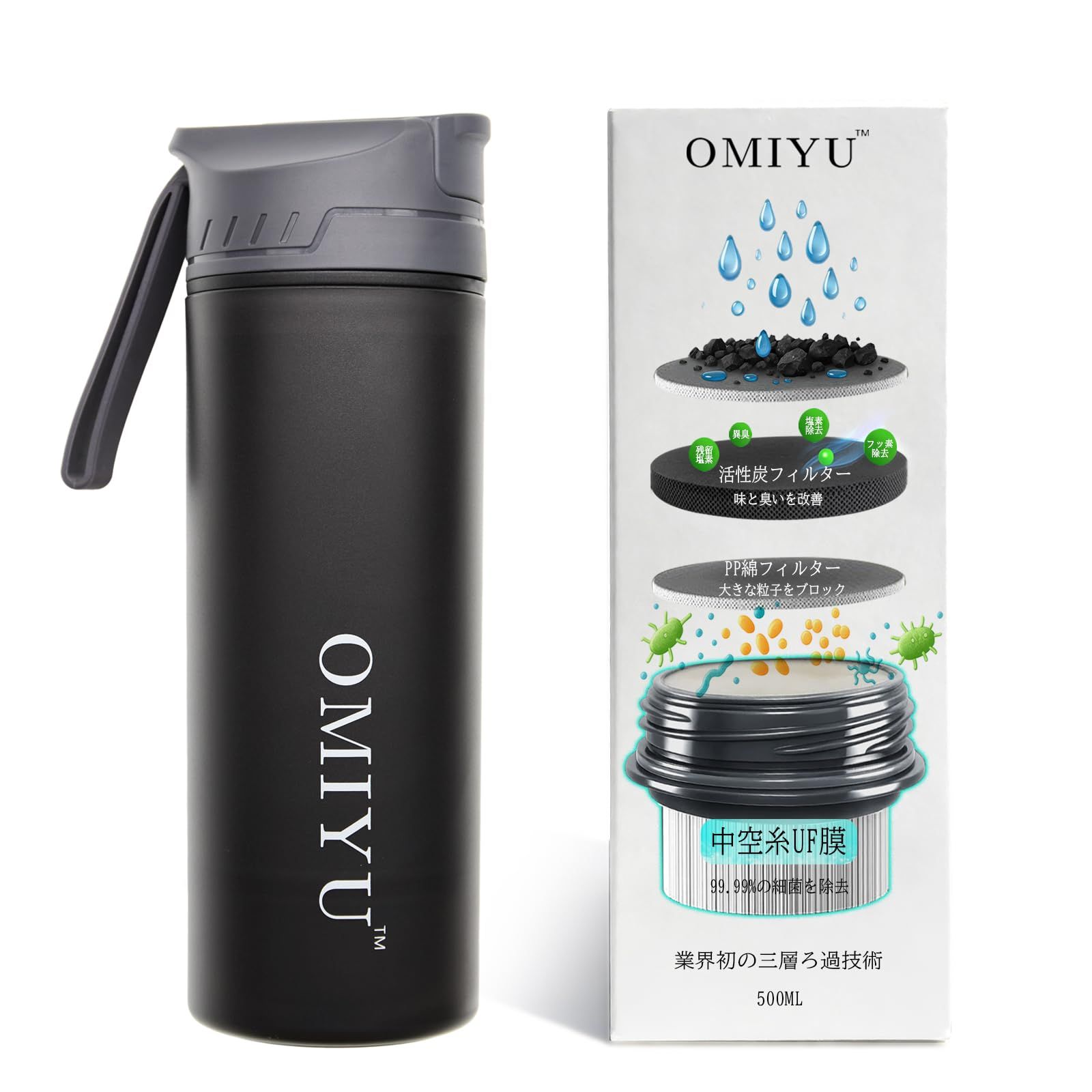 R◆携帯浄水器 災害用 浄水ボトル 500ml 【高性能活性炭+0.01μm膜】 残留塩素・臭い除去 登山 キャンプ 避難グッズ 飲料水確保 (マットブラック) 2871381e