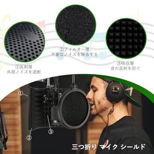 R◆リフレクションフィルター マイク シールド&マイクスタンド マイク 防音 吸音材 高密度吸収フォーム付 三つ折り（27.9cm×19cm） a904aa0a