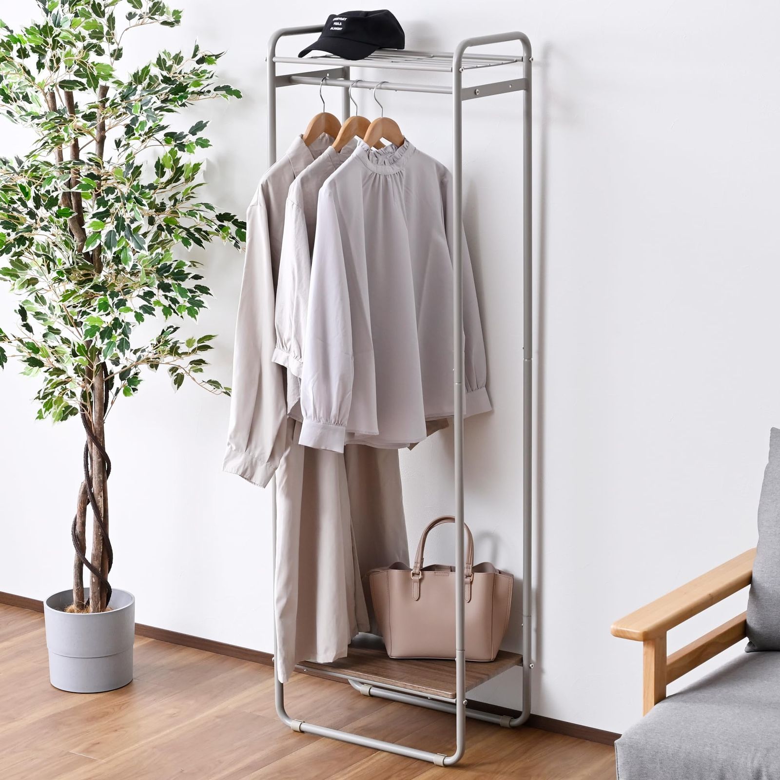 山善(YAMAZEN) ハンガーラック スリム 棚付き コートハンガー 幅51×奥行30.5×高さ161cm 全体耐荷重25kg 衣類収納 シンプル 一人暮らし 組立品 ダークオーク/マットグレージュ GHR-50(DOK/MGG)★m 701a34c3