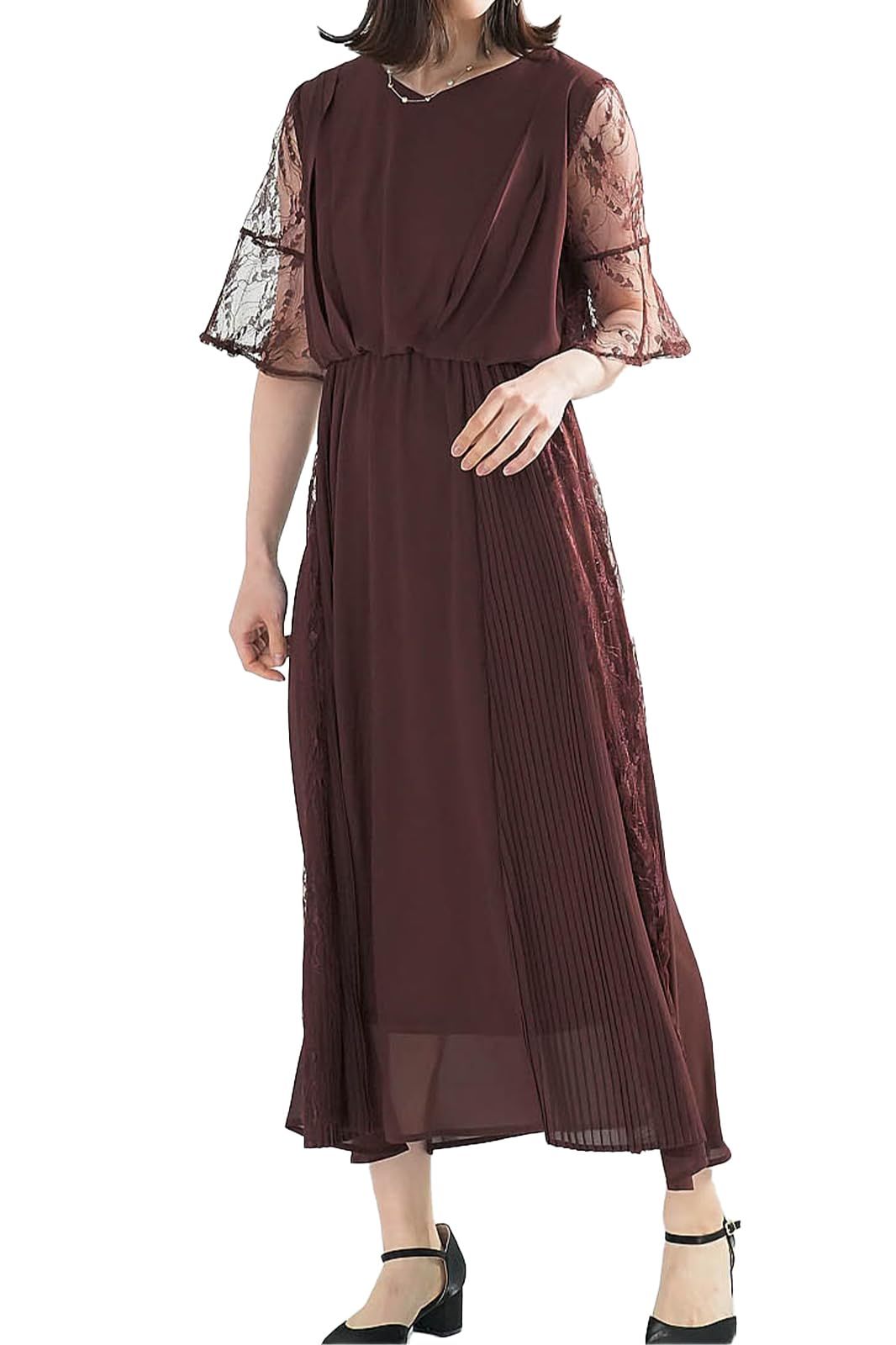 [アウニイ] 結婚式 ドレス お呼ばれ フォーマル ワンピース レディース ミモレ丈 ロング シフォンドレス 327014 (ブラウン M) [ブラウン / ミモレ丈 / 327014] [M]