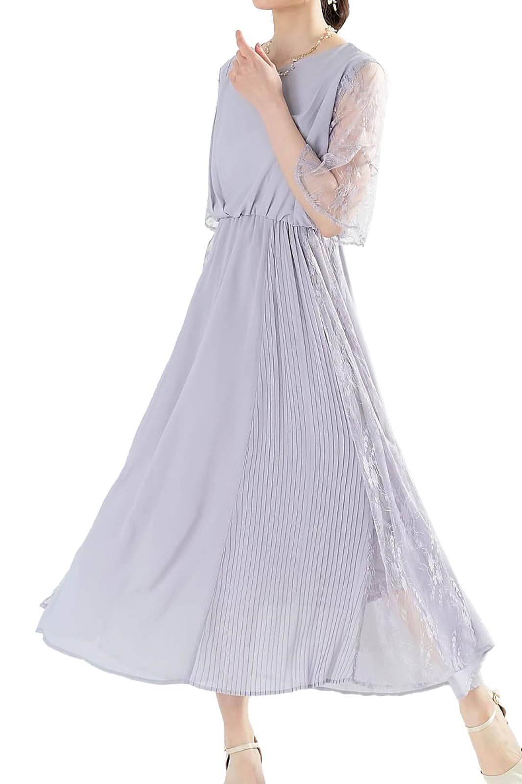 [アウニイ] 結婚式 ドレス お呼ばれ フォーマル ワンピース レディース ミモレ丈 ロング シフォンドレス 327014 (グレージュ L) [グレージュ / ミモレ丈 / 327014] [L]