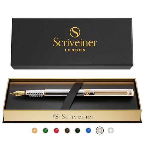 Scriveiner最高級 プレミアム 万年筆 (シルバー) 魅力的な美しさ 本物の金メッキSchmidt ッキペン先（細字） 男性にも女性にも最適 プロフェッショナル 重役 職場 上品な万年筆ギフトセット 極細のペン先 シルバー Silver Fountｍａ