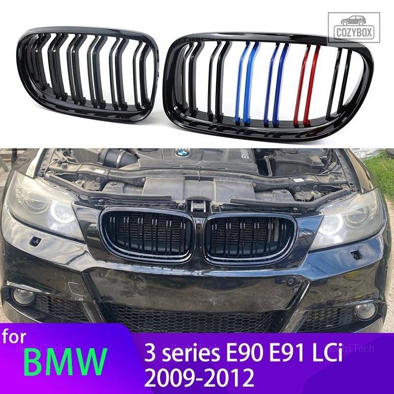 2 個のスタイルフロントキドニーダブルスラット グリル BMW 3 シリーズ E90 E91 LCi 2