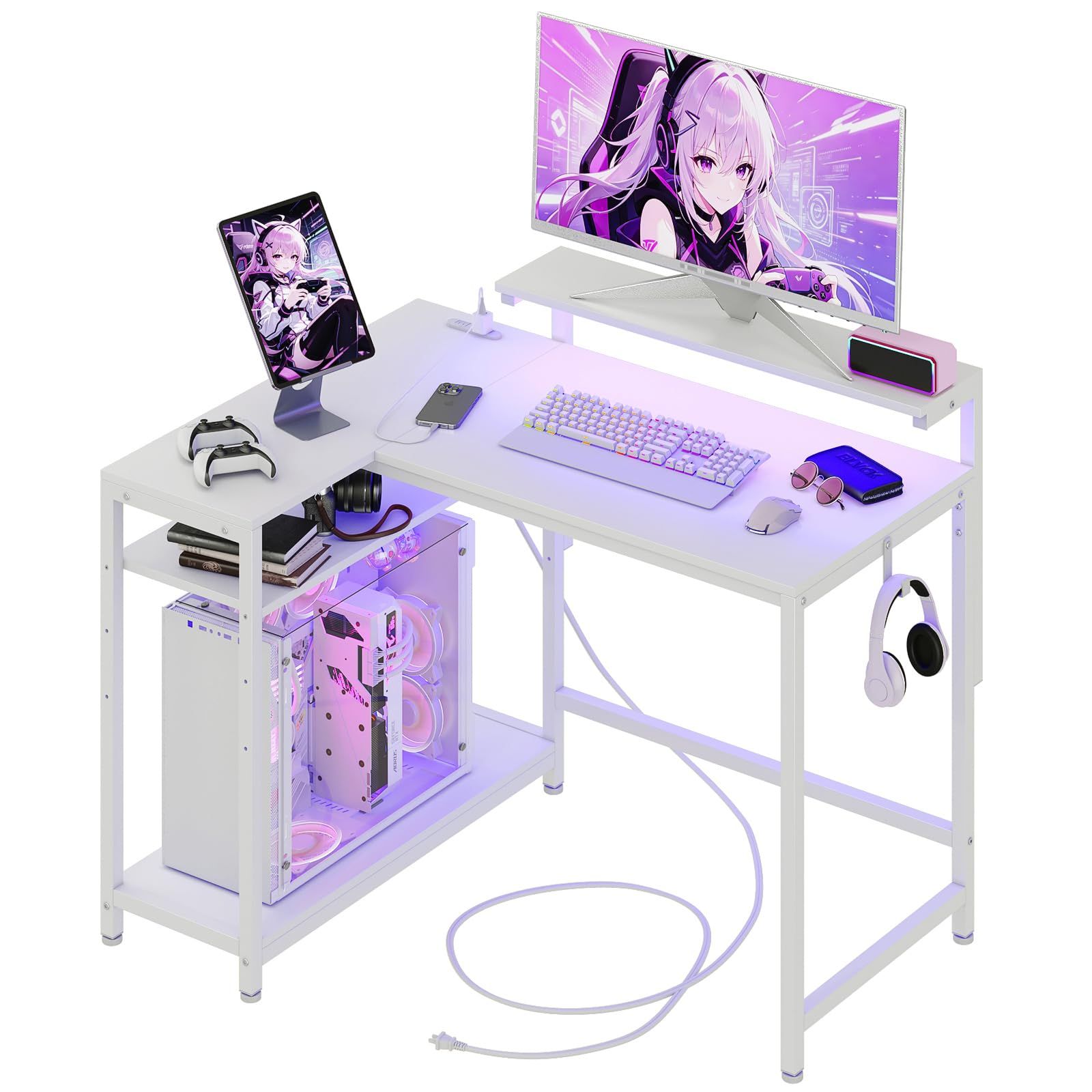 【モニター台1個付き・棚板高さ調節・左右設置可能】LunarLight PCパソコンデスク 幅110×奥行き80×高さ72? テレワーク L型デスク・左右組み換え自由 モニター台の高さ7段階調節（12?36?対応）・左右設置可能 収納ラックの棚板が高さ3段ｍａ