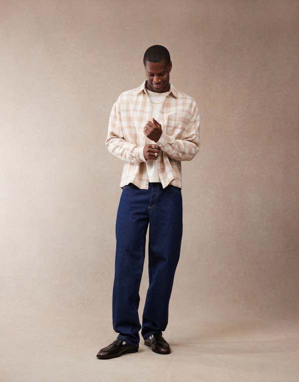 エイソス メンズ トップス シャツ ASOS DESIGN boxy 90s oversized textured shirt in neutral plaid STONE ストーン