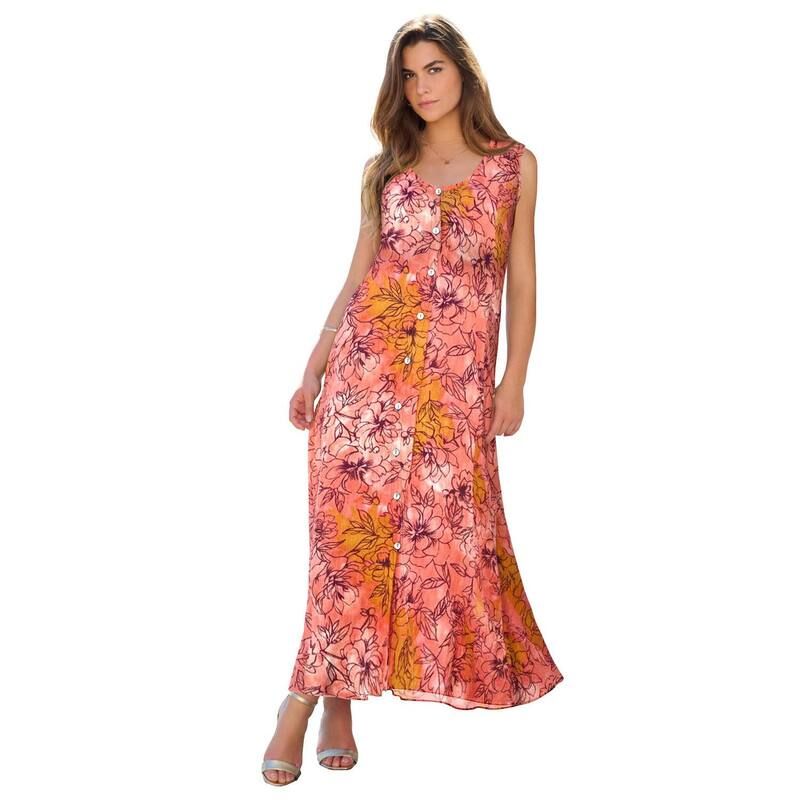ロアマンズ レディース トップス ワンピース A ライン プラスサイズ マキシ Roamans Womens Plusize Sleveless HandCrinkled ButtonFront ALine Maxi Curvy Breezy Dress Co