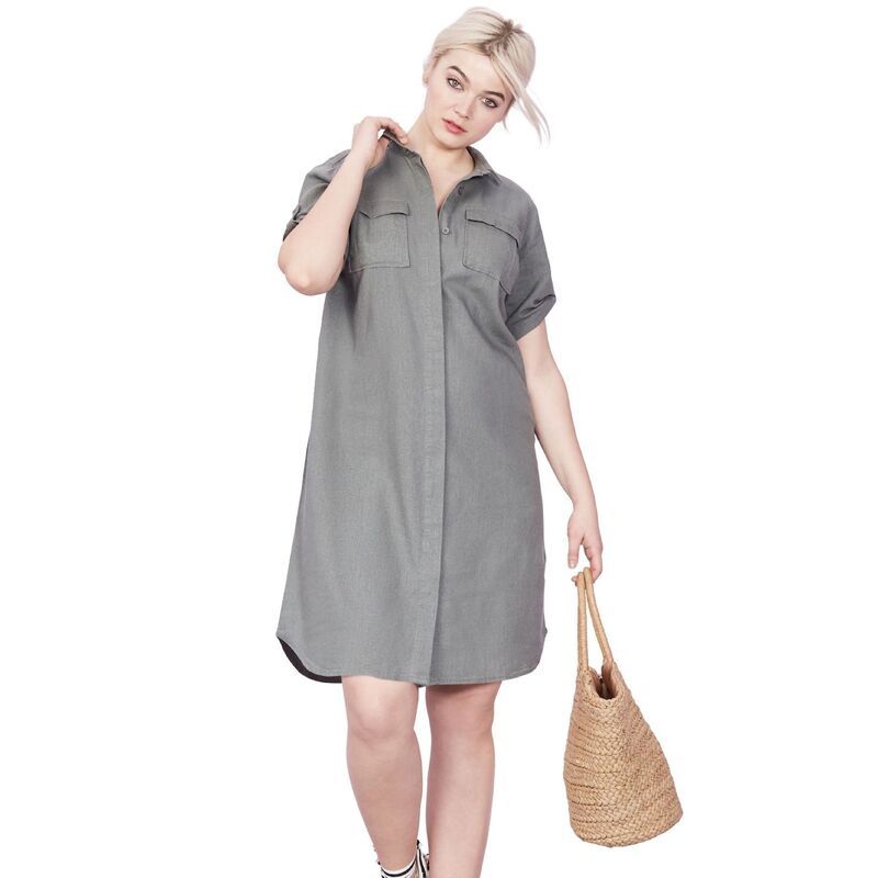 Ellos レディース トップス ワンピース プラスサイズ シャツ リネン ellos Plusize Button Front Linen Shirtdress Olive Grey グレー