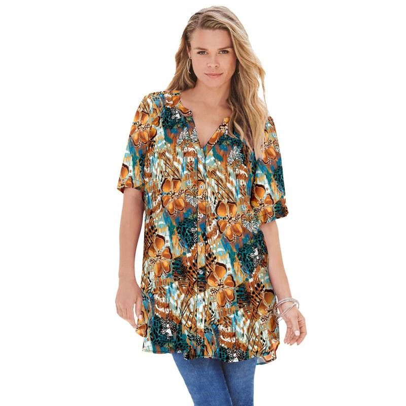 ロアマンズ レディース トップス Tシャツ プラスサイズ Roamans Womens Plusize Angelina Tunic Top Short Sleeve Flowy Fit Everyday Comfort Orange Painted Flow