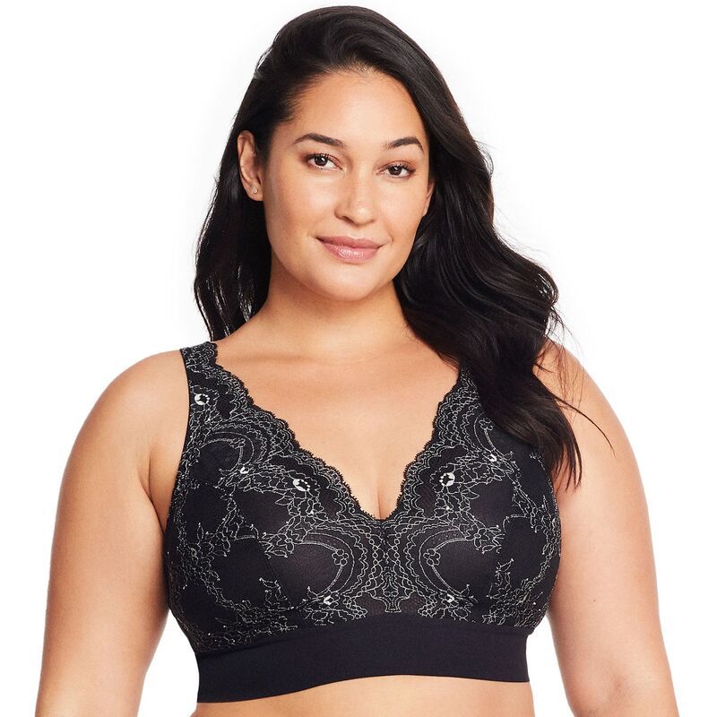 グラマライズ レディース アンダーウェア ブラジャー プラスサイズ レース Plusize Glamorise Full Figure Bramour Lexington Lace Plunge Wireless Bralette 7013 Black ブラッ
