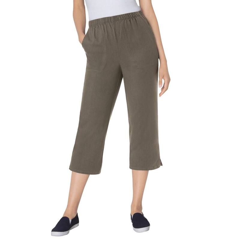 ウーマン ウィズイン レディース ボトムス カジュアルパンツ プラスサイズ プチ デニム キャップ ジーンズ Woman Within Plusize Petite Fineline Stretch Denim PullOn Capri Jeans Grey