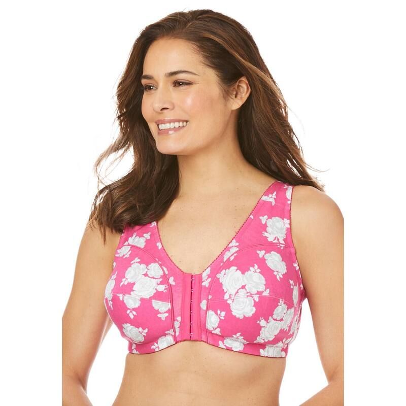コンフォート チョイス レディース アンダーウェア ブラジャー プラスサイズ コットン Comfort Choice Womens Plusize Cotton FrontClose Wireless Braspberry Sorbet Roses
