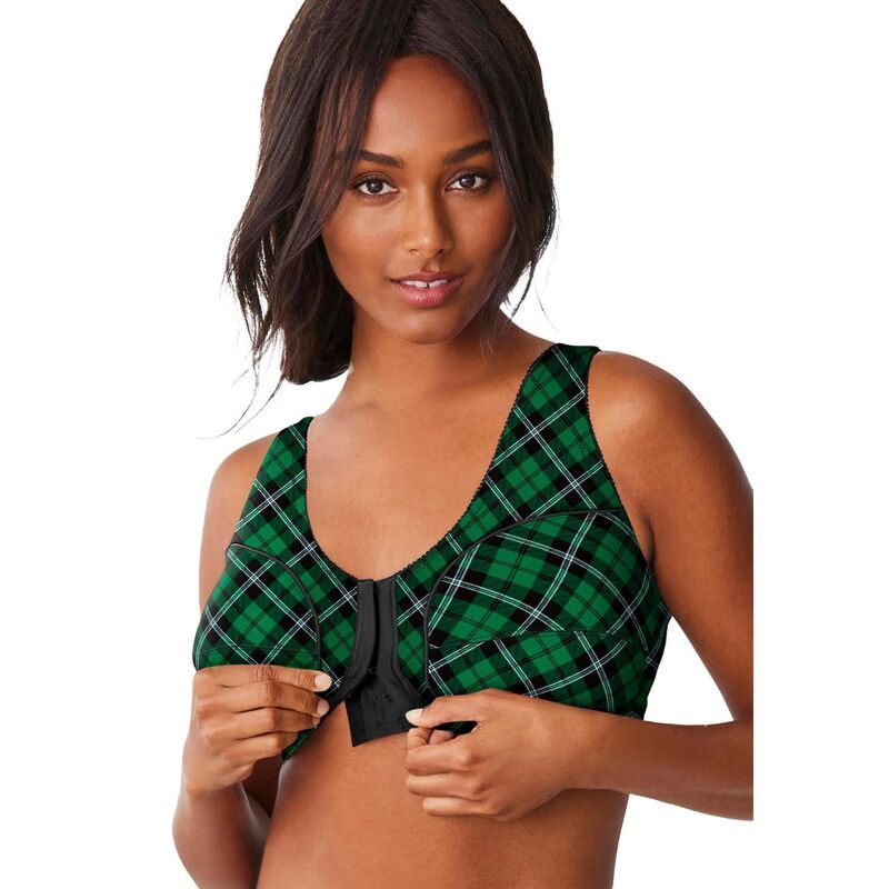 コンフォート チョイス レディース アンダーウェア ブラジャー プラスサイズ コットン Comfort Choice Womens Plusize Cotton FrontClose Wireless Bra Emerald Plaid エメラルド