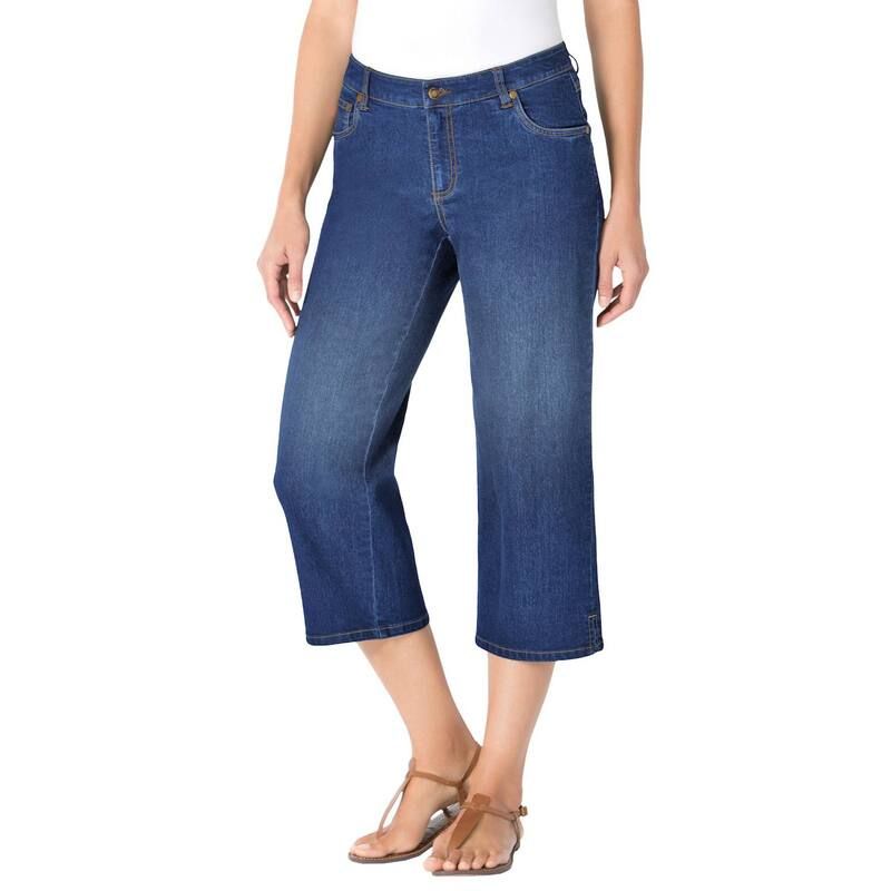 ウーマン ウィズイン レディース ボトムス カジュアルパンツ プラスサイズ デニム キャップ ジーンズ Woman Within Plusize Stretch Denim FivePocket Capri Jeans Midnight Sanded デニム