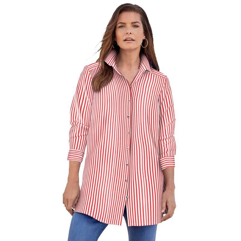 ロアマンズ レディース トップス Tシャツ プラスサイズ コットン 長袖 Roamans Womens Plusize Kate LongSleeve Crisp CottonBlend ButtonFrontunicoral Red Stripe レッド