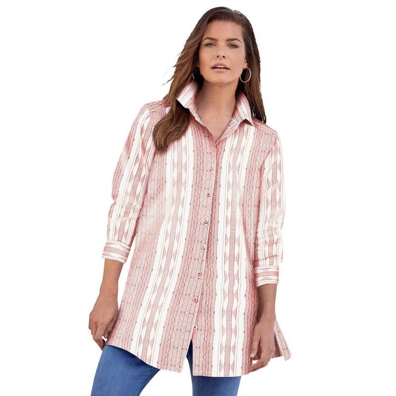 ロアマンズ レディース トップス Tシャツ プラスサイズ コットン 長袖 Roamans Womens Plusize Kate LongSleeve Crisp CottonBlend ButtonFrontunic Desert Rose White ホワ