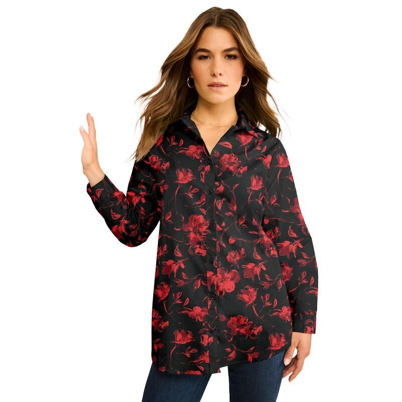 ロアマンズ レディース トップス シャツ プラスサイズ コットン Roamans Womens Plusize Kate Long Sleeveasy CottonBlend ButtonFront Shirt Red Sketch Blossoms レッド