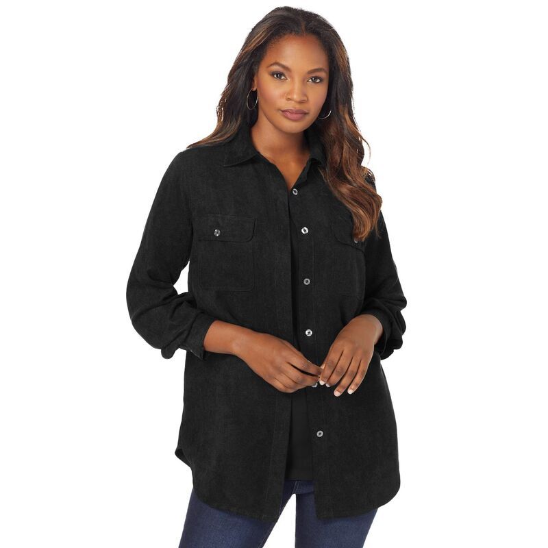 ロアマンズ レディース トップス シャツ プラスサイズ スエード Roamans Womens Plusize Faux Suede ButtonFront Shirt Black ブラック