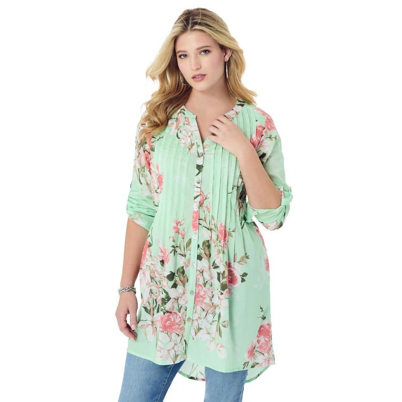 ロアマンズ レディース トップス Tシャツ フラワー柄 プラスサイズ フラワー Roamans Womens Plusize Floral YNeck Pintuck Tunic Adjustable Long Sleeve ButtonFront Green