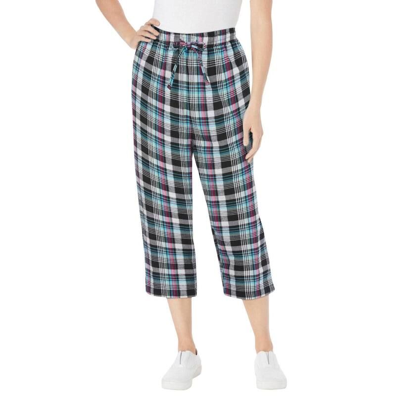 ウーマン ウィズイン レディース ボトムス カジュアルパンツ プラスサイズ キャップ Woman Within Plusize Seersucker PullOn ElasticWaist Capri Pants Black Raspberry Plaid ブ