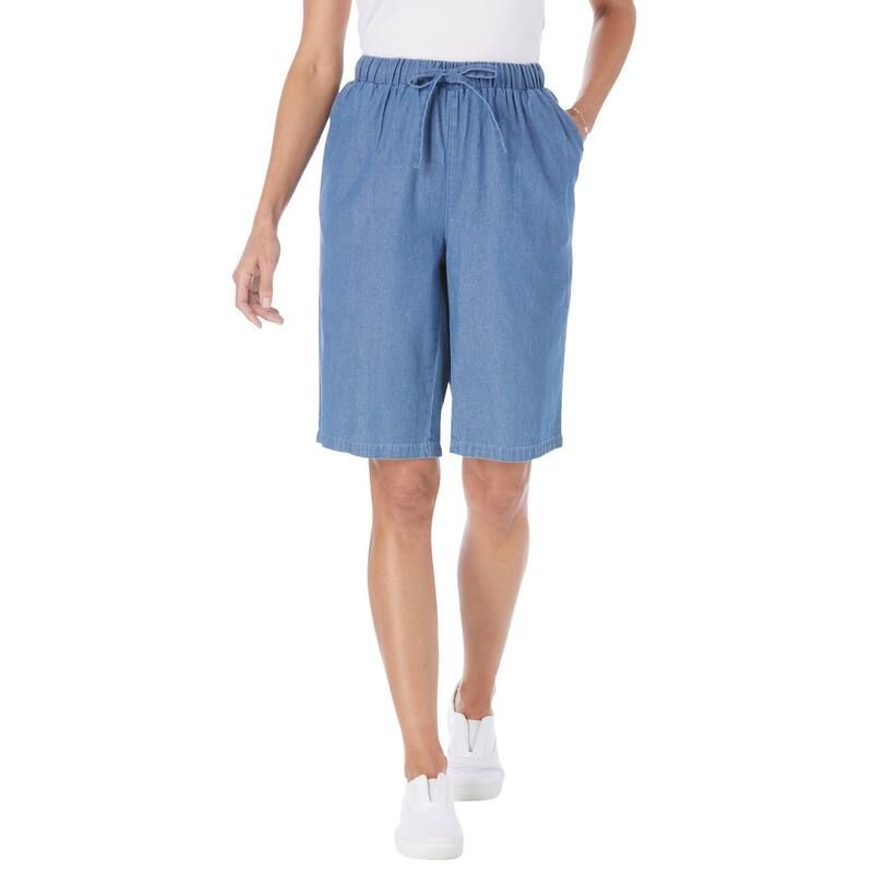 ウーマン ウィズイン レディース ボトムス ハーフパンツ・ショーツ プラスサイズ デニム Woman Within Plusize Drawstring Denim Short Light Wash デニム
