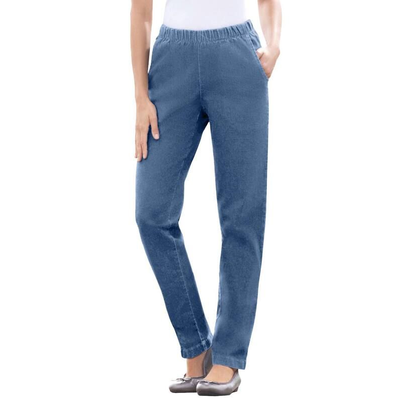 ウーマン ウィズイン レディース ボトムス デニムパンツ ストレート プラスサイズ プチ ジーンズ Woman Within Plusize Petite Straight Leg Fineline PullOn Stretch Denim Jeans Med