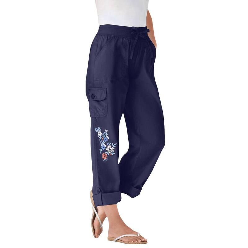 ウーマン ウィズイン レディース ボトムス カジュアルパンツ カーゴパンツ プラスサイズ プチ キャップ Woman Within Plusize Petite Convertiblength Cargo PantCapri Navy Floral Embro