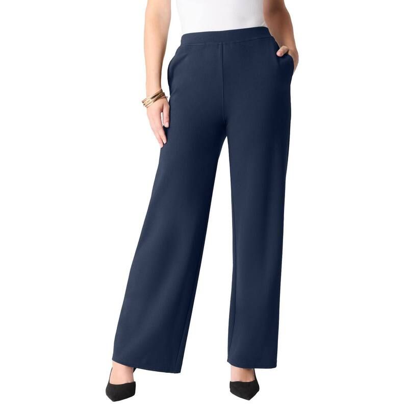 ロアマンズ レディース ボトムス カジュアルパンツ ワイドレッグ プラスサイズ Roamans Womens Plusize Ponte Wide Leg Pant With Pockets And Pull On Elastic Waist Navy ネイビ