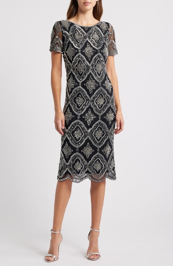 ピサッロナイツ レディース トップス ワンピース Pisarro Nightstain Glass Beaded Cocktail Dress Black Silver ブラック