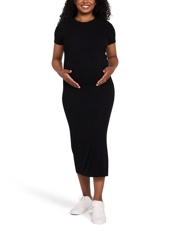 マザーフッドマタニティー レディース トップス ワンピース クルーネック ミディ MOTHERHOOD MATERNITY Crew Neck Short Sleeve Nursing Midi Dress Black ブラック