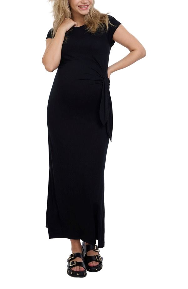 マザーフッドマタニティー レディース トップス ワンピース クルーネック ミディ MOTHERHOOD MATERNITY Crew Neck Short Sleeve Side Tie Maternity Midi Dress Black ブラック