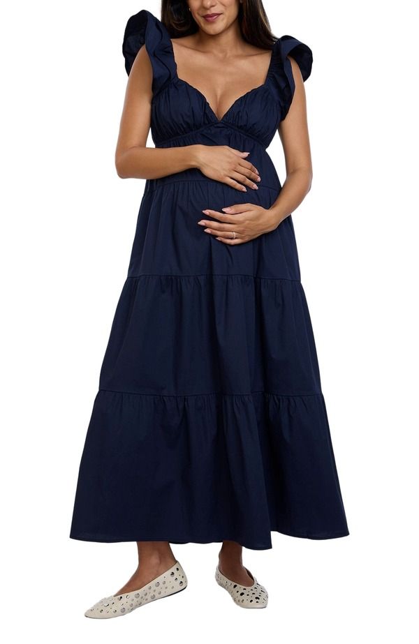 マザーフッドマタニティー レディース トップス ワンピース フリル マキシ MOTHERHOOD MATERNITY Ruffle Sleeve TieBack Maternity Maxi Dress Navy Blazer ネイビー