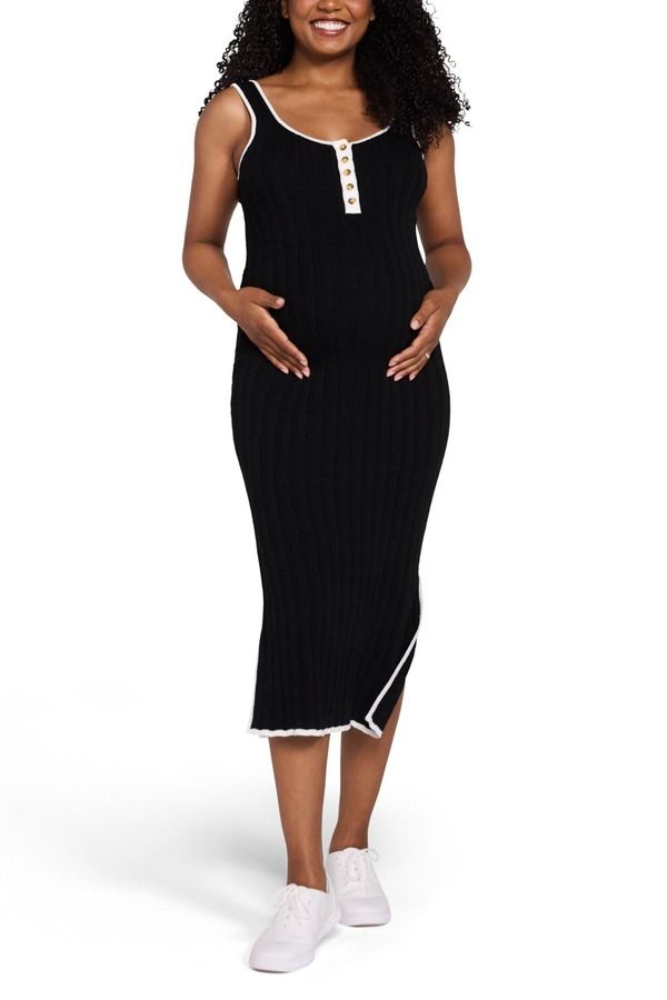 マザーフッドマタニティー レディース トップス ワンピース ミディ ノースリーブ MOTHERHOOD MATERNITY Sleeveless Nursing Henley Midi Dress Black White ホワイト