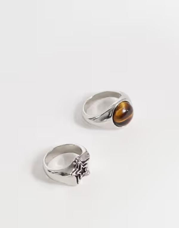 エイソス メンズ アクセサリー リング ASOS DESIGN 2 pack semiprecious tigers eye and star signet ring tone SILVER シルバー