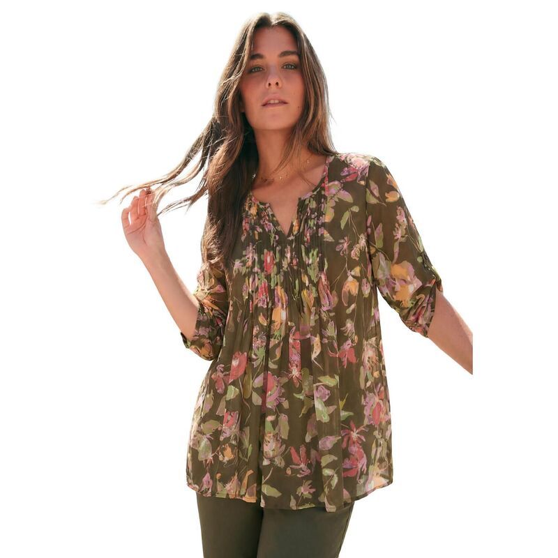 ロアマンズ レディース トップス シャツ プラスサイズ プリーツ Roamans Womens Plusize Tara Pleated Shirt Adjustable 34 Sleeve Swing Tunic With Notch Collar Oliv