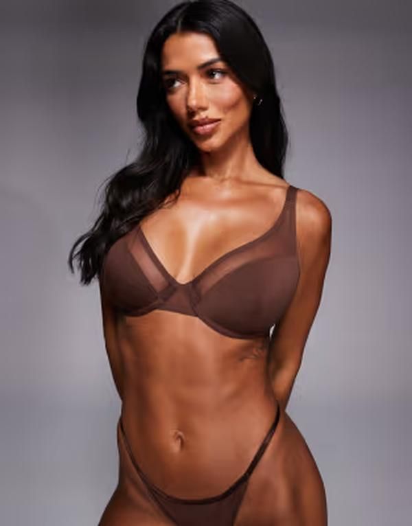 エイソス レディース アンダーウェア ブラジャー メッシュ ASOS DESIGN Fuller Bust Ella molded microfiber demi pad underwire bra with mesh detail in chocolate