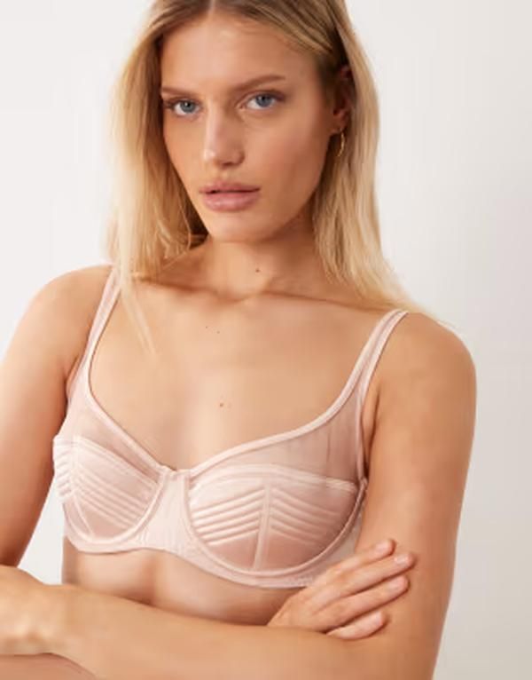 エイソス レディース アンダーウェア ブラジャー キルティング メッシュ サテン ASOS DESIGN Pamela satin mesh quilted high apex balcony underwire bra in pale PINK ピンク