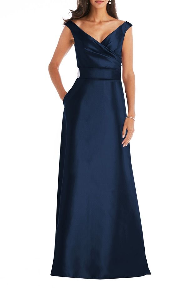 アルフレッド レディース トップス ワンピース サテン Alfred Sung Off the Shoulder Satin Gown Midnight